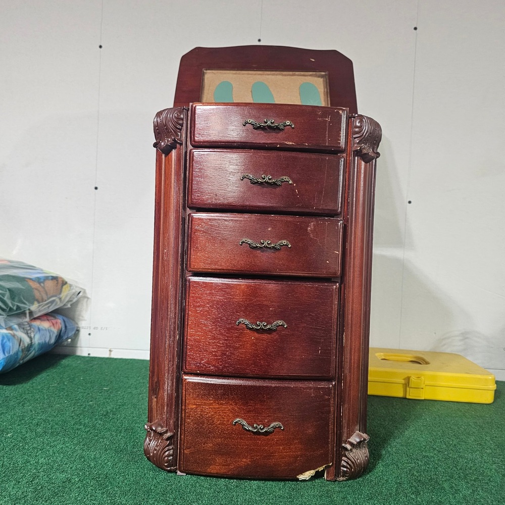 Vintage Wooden Jewelry Armoire Chest 5 Drawer Side Doors Mirror Cherry Finish